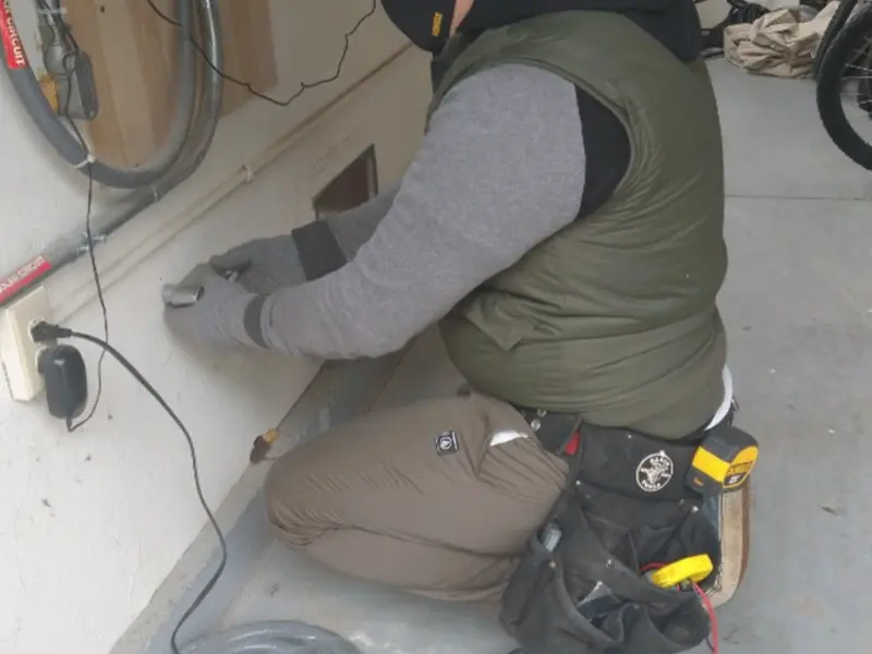 Electrician performing outlet wiring in a Fultondale garage